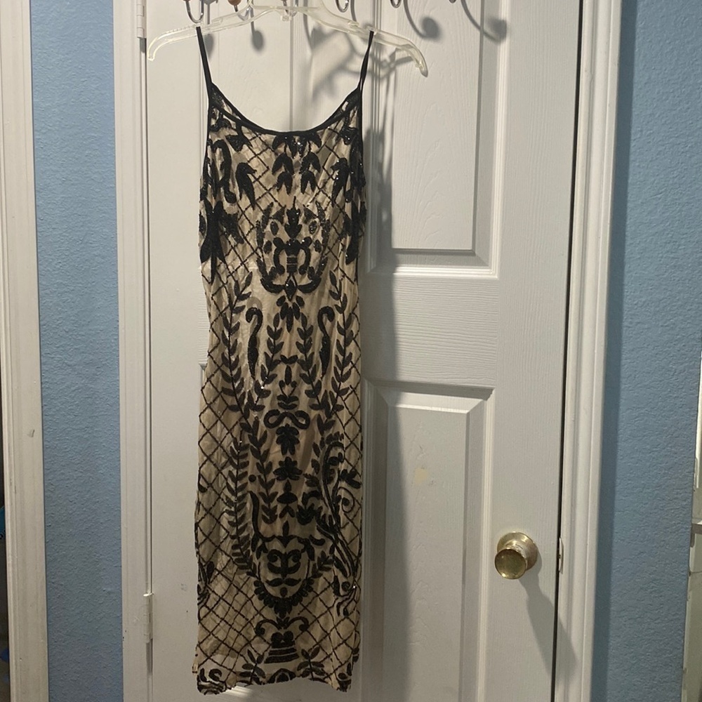 Banjul Sleeveless Black and Nude Lace Mini Dress - Size L